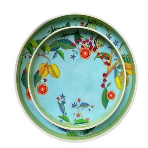 Juego de bandejas de servir redondas de madera con diseño floral colorido, bandejas decorativas bohemias para el hogar y la cocina, hechas a mano, multifuncionales, bandeja de regalo de Navidad - Product Image 1