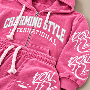Conjunto de chándal de corte y confección con efecto desgastado, de tejido grueso, rojo con lavado ácido, con remaches, sudadera con capucha con cremallera y pantalones de chándal apilados, estilo streetwear, al por mayor - Product Image 5
