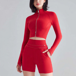 <b>Yoga</b> Wear Crop <b>Jacket</b> Shorts Set Women 100% Polyester Long Sleeve Zipper <b>Jackets</b> Elastic Waist Shorts Two Piece Set Women's - Product Image 1