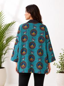 Kimono Estampado para Mujer al por Mayor, Chaqueta Boho Azul Turquesa con Mangas Acampanadas y Cintura Ajustable, Seda Tussar Estampada Teal - Product Image 3