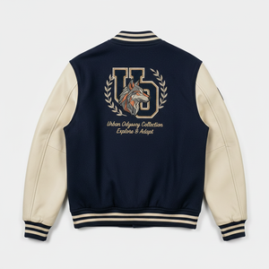 Veste universitaire Urban Odyssey pour homme, bleu marine et crème, avec logo loup brodé, style preppy, manteau d'automne - Product Image 4
