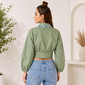 Women's Green Cotton Poplin Floral Print Embroidered Cut-Out <b>Balloon</b> Sleeve Crop Blouse Mandarin Collar Casual Spring Summer Top - Product Image 3