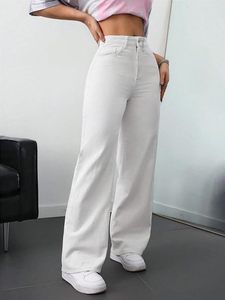 Women's Mid Waist Wide Leg <b>Boot</b> Cut Denim Pants Full Length Regular Fit Solid White 100% Cotton Sexy Cute Casual Summer Style - Product Image 3