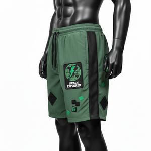 Soft lightweight polyester windbreaker <b>shorts</b> green black mesh panel embroidery <b>patch</b> heat transfer custom logo <b>men's</b> <b>shorts</b> - Product Image 6