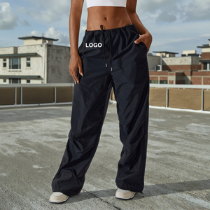 Pantalon de jogging décontracté à jambes larges 100 % coton de haute qualité avec cordon de serrage, pantalon cargo évasé personnalisé pour femme, en vente - Product Image 5