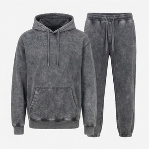 ชุดเซ็ตฮู้ดดี้และกางเกงยีนส์ฟอกสีแบบกำหนดสีได้เอง ชุดวอร์มแบบ unisex ทรงโอเวอร์ไซส์ ไหล่ตก ชุดแทรคสูทแบบสองชิ้นในหนึ่งเดียว ชุดลำลองสีพื้น - Product Image 1