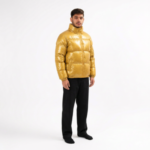 Men's High Quality Customizable Hooded Puffer Jacket Gold Solid Color Breathable <b>Fleece</b> Polyester Fiber Filled Windproof <b>Zipper</b> - Product Image 4