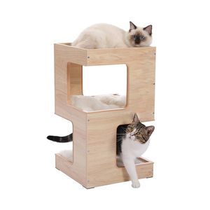 Tour à chat en bois à deux étages avec décor intérieur de condo Arbre à chat et grattoir - Product Image 4