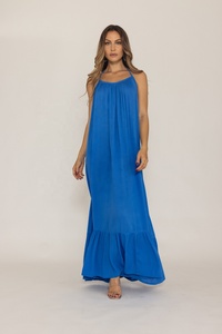 Nouvelle Arrivée Robe Formelle Longue Écologique Bleue 100% Coton à Col Halter Coupe Trapèze Taille Naturelle pour Femme - Product Image 6