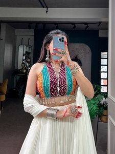 Custom Women Boho Indo Western Off <b>White</b> Layered Skirt Bandhani Print Halter Crop Top Shell Tassel Dupatta Wholesale - Product Image 2