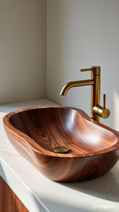 Lavabo de madera Cuenco de madera antiguo Diseño de lujo moderno Lavabo DE ARTE ovalado Lavabo de mano de hotel Baño blanco y dorado - Product Image 4