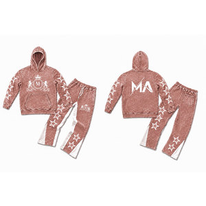 Ensemble de survêtement à capuche délavé pour homme avec étoiles blanches et pantalon long à cordon de serrage 350 g/m² 100 % coton Streetwear - Product Image 3