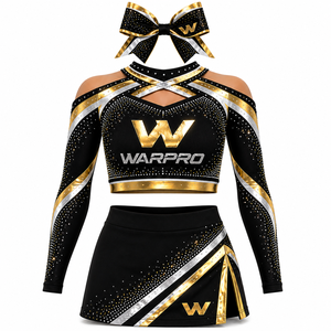 ชุดยูนิฟอร์มเชียร์ลีดเดอร์ WARPRO สีดำ ทอง เงิน ประดับด้วยคริสตัล พิมพ์ลายแบบ Sublimation เสื้อครอปแขนยาว กระโปรง สำหรับผู้ใหญ่ ผู้หญิง - Product Image 4