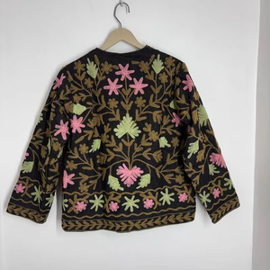 Handmade Indian Suzani Embroidery <b>Reversible</b> Bomber Velvet <b>Jacket</b> Women Floral Stripe Button Quilted Cotton Filling - Product Image 3