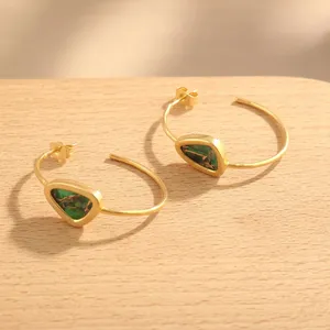 Boucles d'oreilles créoles en laiton plaqué or 18 carats pour femme, émeraude, cuivre, turquoise, bijoux fantaisie faits à la main, tendance pour les soirées - Product Image 5