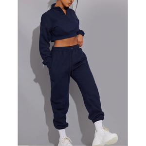 Ensemble deux pièces pour femme : sweat-shirt court et pantalon de jogging, tenue décontractée unie pour l'hiver, coupe classique, 2 pièces - Product Image 1