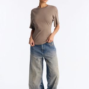 T-shirt de sport pour femme, décontracté, à séchage rapide, respirant, avec fermeture éclair au dos, manches courtes, 100% coton, couleur kaki unie, pour fitness, yoga et gym. - Product Image 4