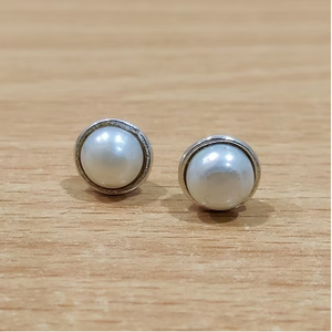 Minimalist <b>Silver</b> 925 Bezel Setting Stud <b>Earrings</b> with Smooth Round White <b>Pearl</b> Cute Classic Ball Shape Anniversary Gift - Product Image 2