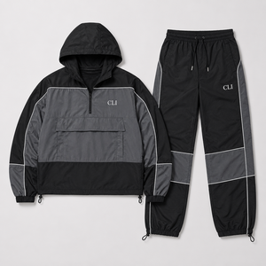 Contrast Piping <b>Half</b> <b>Zip</b> Pullover Windbreaker Tracksuit Custom Logo Utility Pocket Hooded <b>Jacket</b> & Wide-Leg Pants Bulk Supplier - Product Image 5