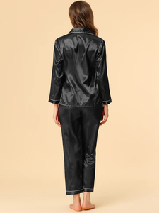 Ensemble de pyjama de salon boutonné en satin respirant pour femmes vêtements de nuit doux avec motif solide pour l'été, l'automne et le printemps - Product Image 2