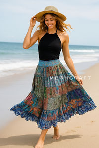Eco-Friendly <b>Ladies</b> Recycled Silk <b>Skirt</b> Floral Pattern Breathable <b>Summer</b> Beach Wear smocked waist Formal European Wholesale <b>UK</b> - Product Image 2