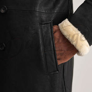 Abrigo Largo de Cuero Genuino Negro para Hombre, Abrigo de Invierno Cálido con Forro de Piel de Oveja, Abrigo de Lujo con Cuello de Piel - Product Image 2