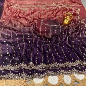 Sari de seda de doble tono lujoso y glamuroso con adornos de cuentas y blusa de seda con adornos de cuentas - Product Image 4