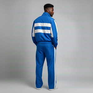 ชุดวอร์มผู้ชายแบบซิปทรงปกติคุณภาพสูงขายส่ง พร้อมดีไซน์สีตัดต่อ สไตล์ลำลอง สตรีทแวร์ ผลิตจากไนลอน 100% ชุดเซ็ต 2 ชิ้นสำหรับผู้ชาย - Product Image 4