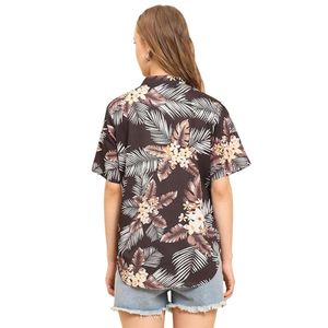 Ladies Summer Floral Print Beach Shirt Short Sleeve V-Neck Button Front Casual Loose Fit Tropical <b>Top</b> - Product Image 2
