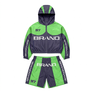 Conjunto corto cortavientos para mujer, 120 GSM, poliéster taslan premium transpirable, panel verde en contraste, logotipo sublimado, talla grande - Product Image 4