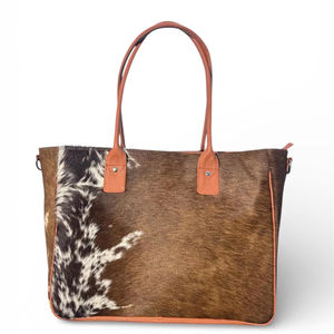 Bolso Tote de Cuero Genuino con Asa Superior y Pelo, Hecho a Mano, Estilo Vintage, Color Sólido, Cierre de Cremallera, Uso Diario para Mujer LTB-0478 - Product Image 1