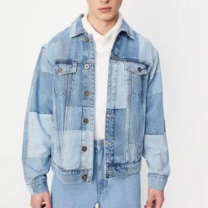 Veste en jean vintage pour homme à col montant et manches longues, boutonnée, patchwork, 100 % coton, écologique, confortable pour l'hiver - Product Image 1