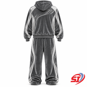 Ensemble de survêtement Premium en velours et strass 280 GSM avec sweat à capuche et pantalon ample personnalisés en acier inoxydable - Product Image 2