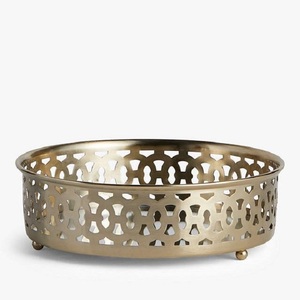 Round Brass Decorative <b>Tray</b> With Geometric Cutout Pattern Bohemian Style Metal Handicraft Accent Piece - Product Image 1