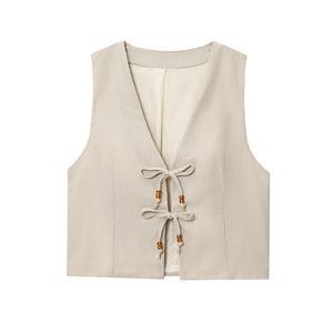 Gilet décontracté beige à col en V avec lacets pour femme, coupe-vent, respirant, sans manches, avec poches à rabat - Product Image 1
