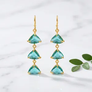 Boucles d'oreilles pendantes tendance en quartz apatite, serties de griffes, triangulaires, à 3 couches, longues, faites à la main, avec crochet, bijoux fantaisie - Product Image 4