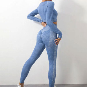 Leggings de yoga sans couture taille haute pour femme, longueur intégrale, bleu uni, avec bande latérale côtelée, taille élastique, extensibles dans les quatre sens - Product Image 2