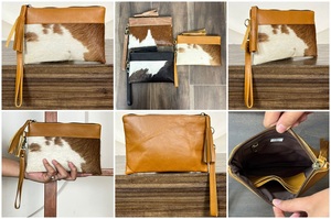 Best Selling Tan & White Cowhide Leather Wristlet Clutch <b>Wallet</b> for Women Western Boho Zipper Pouch Handmade Cowhide Hand Purse - Product Image 3