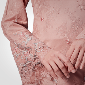 Modern Modest Baju Kurung SIPO Eid Oem Print Lace with Satin Regular Sleeve Neckline Long Kurung Dress - Product Image 1