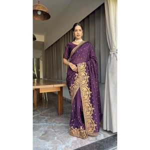 DISEÑADOR VICHITRA SEDA ZARI CON SWAROVSKI TRABAJO LISTO PARA USAR SAREE CON BLUSA DESCOSTADA MORADO - Product Image 1
