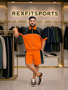 REXFIT SPORTS 2026 – Ensemble de survêtement homme orange et noir, veste à manches courtes et short, personnalisable, deux pièces, sportswear streetwear – Vente en gros - Product Image 3