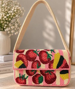 High Quality Beaded <b>Crossbody</b> <b>Bag</b> With Tomato And Corn Pattern <b>Pink</b> Red Folk Art Embroidery Textile Handbag For Women - Product Image 1