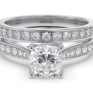 Cushion Cut Shoulder <b>Set</b> <b>Ring</b> With Matching Band 0.80 Ct Lab Grown Diamond In 18K <b>Gold</b> And Platinum - Product Image 1