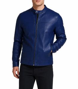 Blouson moto unisexe en cuir PU bleu, col rabattable, fermeture éclair, coupe ajustée, manches classiques, couleur unie, vêtement d'hiver, séchage rapide - Product Image 1