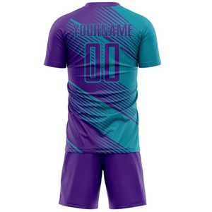 Conjunto de Uniforme de Fútbol Sublimado Personalizado, Color Morado y Verde Azulado, Nombre del Equipo 00, Cuello Redondo, Manga Corta, Absorbe la Humedad, Unisex para Adultos - Product Image 3