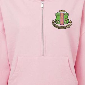 Sudadera con capucha rosa claro para mujer, con cremallera media, bordado verde del escudo, manga larga, estilo casual, suave y cómoda. - Product Image 2