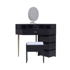 Ensemble de table de maquillage noire avec tabouret, miroir éclairé tricolore amovible, quatre tiroirs avec prises - Product Image 5