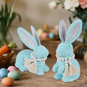 Set di 2 Decorazioni Pasquali Blu con Coniglietto, Centrotavola Rustico per Casa, Decorazioni Primaverili, Statuette di Coniglio Intrecciate - Product Image 5