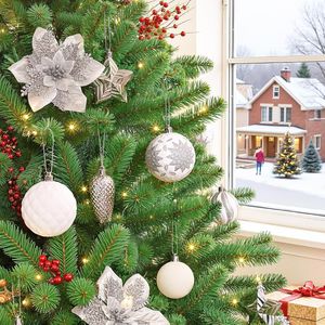 Set di 128 Palline di Natale Infrangibili in Plastica con Fiori e Nastro, Decorazioni per Albero di Natale - Product Image 4