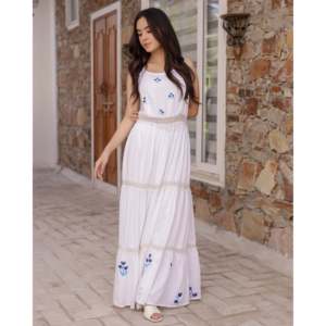 Vestido Glory Blanco Floral Pintado a Mano, Sin Tirantes, Corte A, Tejido Transpirable, Talla XS, Ropa Casual con Cintura Natural - Product Image 4